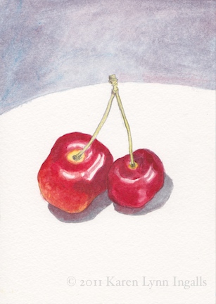 acrylic paints look like watercolor, cherry still life painting, still life painting of cherries, Karen Lynn Ingalls 