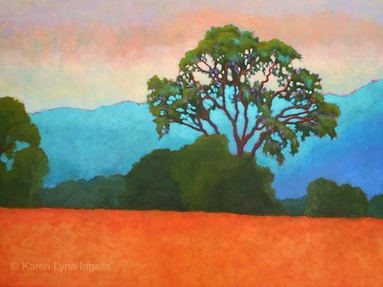 Vineyard landscape painting with oak tree, Napa Valley landscape art, by Karen Lynn Ingalls