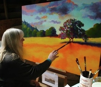 Karen Lynn Ingalls, artist painting in studio, painting California landscape
