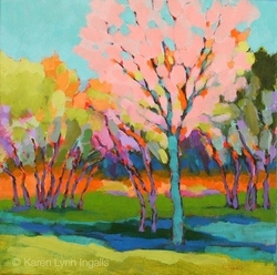 fauve painting of trees in spring, colorist landscape art of trees in spring, by Karen Lynn Ingalls