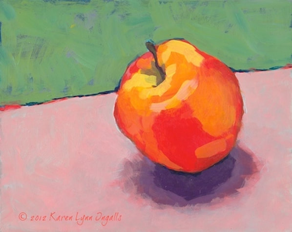 Still life painting of apple, simple still life, Acrylic Painting 101 art workshop, acrylic painting art workshop with Karen Lynn Ingalls
