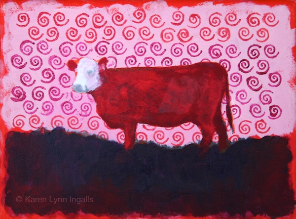 In the Pink, mixed media painting, cow painting, Karen Lynn Ingalls